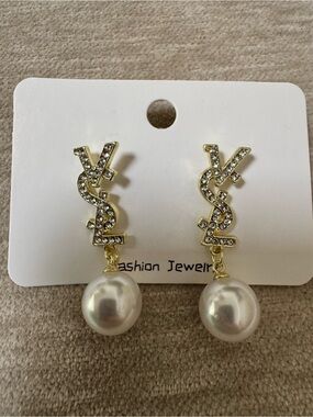 Gold Crystal Designer Inspired Pearl Drop Earrings New ships